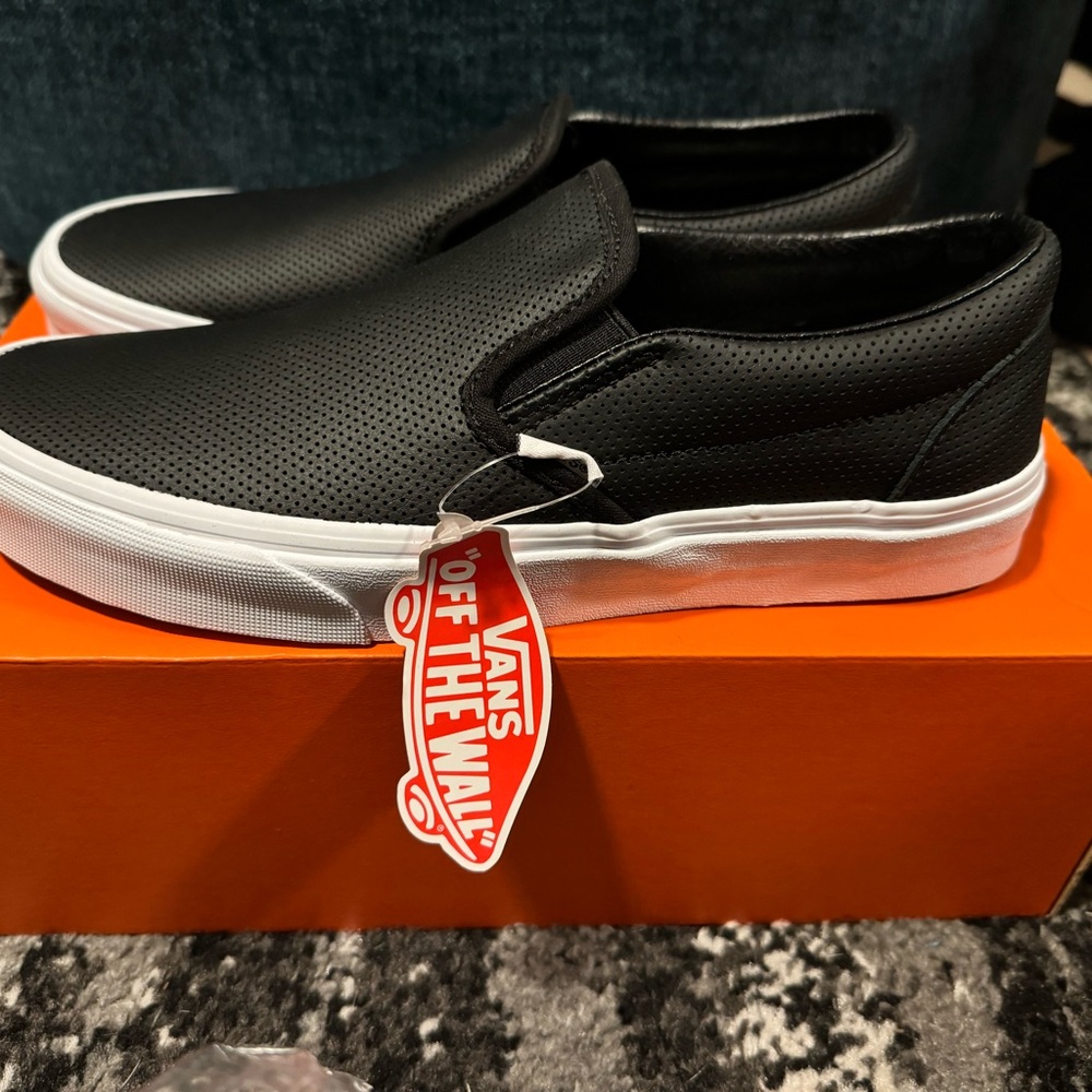 NWT Vans Black Perforated Leather Slip-Ons Men’s Size 8.5 Women’s Size 10